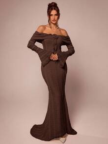 SHEIN BAE 茶歇装 甜美优雅长裙 露肩长袖连衣裙 约会装 3D花裙 - 咖啡棕 - 查看 5