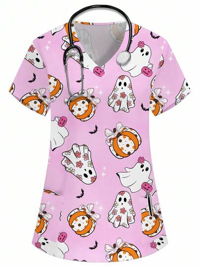 PopScrub 万圣节V领短袖双口袋万圣节南瓜、鬼魂、女巫、蜘蛛、蝙蝠、南瓜灯、护士/医生工作制服上衣/健康检查手术制服/纯色宠物美容工作制服上衣