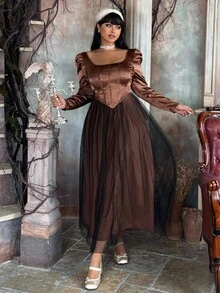 Flirla Minimalist Contrast Color Patchwork Long Sleeve Cinched Waist Fitted Maxi Puff Dress - Brown - View 6
