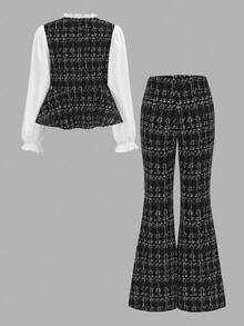 Girlism Ensemble deux pièces pour jeune fille, chemise à manches longues à col volant plissé en tissu croisé élégant pour le printemps et l'automne + pantalon simple en tissu croisé tressé - Noir et Blanc - Voir 3