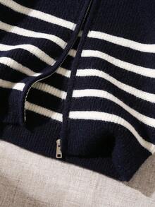 SHEIN Black & White Striped Stand Collar Zip-Up Casual Versatile Cardigan Chic Outfits For Autumn/Winter Toddler Boy Fall Clothes Boys Winter Clothes Boys Sweater Young Boy Clothes Young Boys Striped Sweater