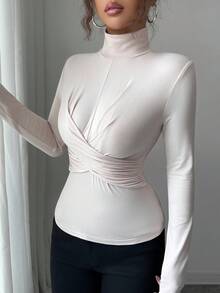 Rafferiza ملابس علوية نسائي أنيق بتصميم طويل الأكمام ذو رقبة شبه عالية بتصميم صليبي، مناسب للخريف والشتاء، باللون الأبيض، ملابس علوية أنيق وعصري للارتداء اليومي والرسمي والعمل والمناسبات الكاجوال - كاكي - مشاهدة 3