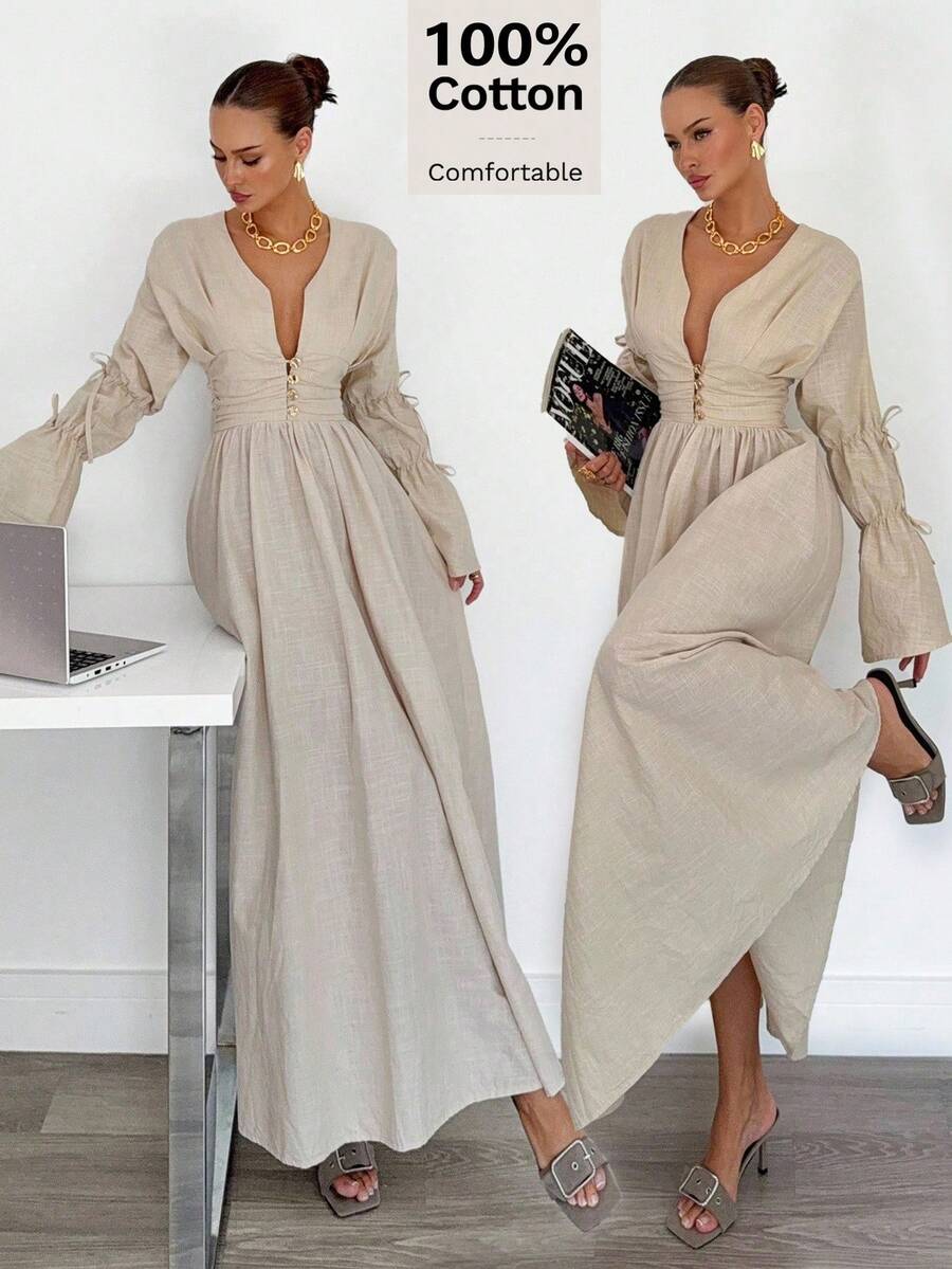 Siren Gaze 100% 纯棉新款秋季 V 领缺口褶皱系带超长喇叭袖飘逸 A 字型棉质连衣裙，舒适宽松休闲适合秋冬米色连衣裙女长袖超长连衣裙女休闲连衣裙长款休闲连衣裙棕褐色连衣裙女度假连衣裙长袖婚礼宾客连衣裙女 - 杏色 - 查看 1