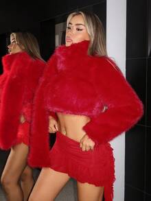 SHEIN ICON Women's Red Christmas Ruffle Solid Color Ribbon Design Fashionable Sexy Low Waist Mesh Mini Skirt