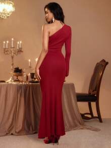 Glamine Rochie sexy mulată cu imprimeu floral pentru femei, culoare solidă, cu un umăr, mânecă evazată, decupată, cu tiv încrețit, cu coadă de pește - Burgundia - Vizualizare 2