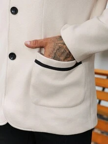 Manfinity Homme Men Casual Patch Pocket Stand Collar Beige Overcoat, Fall/Winter - Beige - View 3