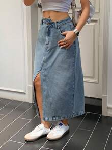 DAZY 西部牛仔风做旧不对称下摆开衩口袋休闲街头牛仔迷你裙，女士秋冬款 - 藍色 - 查看 4