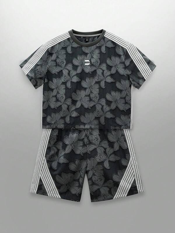 NEON BLANC Conjunto casual de camiseta y pantalones cortos de hombre con parches de punto floral