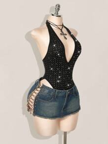 SHEIN ICON Rhinestone Embellished Deep V-Neck Halter High Slit Backless Bodysuit For Women - Black - View 7