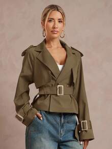 Lumalex Fashionable Casual Short Pleated Women Trench Coat,Fall - Army Green - View 8