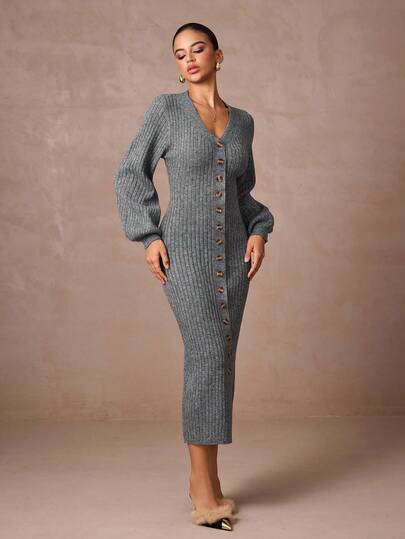 Lumalex Fall Winter Modest Old Money Glitter Holiday Party Outfit Rave Festival Outing Swim Vacation Bohemian BOHO Hot Outdoor Richly Layered Wedding Season Banquet Coming Of Age Ceremony Women's Casual Button V-Neck Extra Long Sweater Dress Grey Sweater Dress