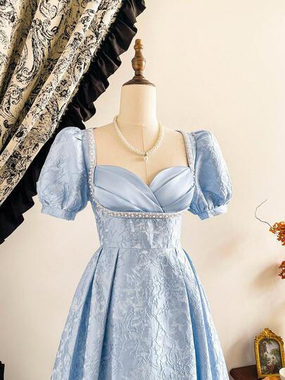 Vintamour Vestido elegante vintage de mujer con textura de satén de jacquard floral, parche con bustier de perlas y rhinestone para fiesta, ceremonia de té, otoño, ropa de invierno, ropa de Navidad, vestido de fiesta navideño