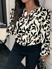 Reflora Blusa de manga larga con estampado floral negro y blanco de estilo elegante y romántico, adecuada para el otoño/invierno, blusas elegantes para mujeres, ropa de otoño para mujeres - Multicolor - Ver 5