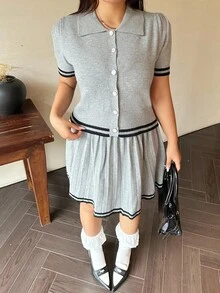 Flirla 2pcs Collegiate Style Pleated Knit Polo Collar Knit Slim Fit Set Winter Fall Autumn - Grey - View 1