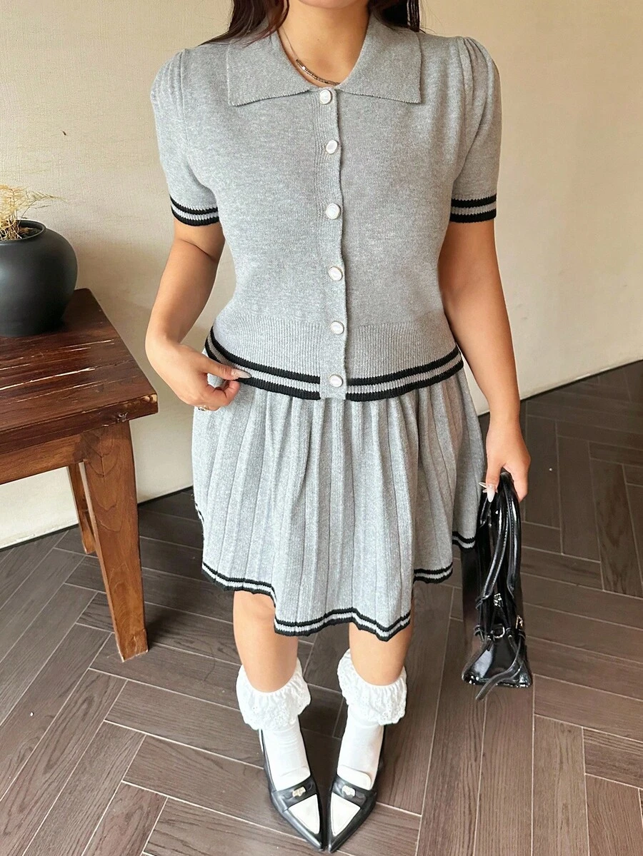 Flirla 2pcs Collegiate Style Pleated Knit Polo Collar Knit Slim Fit Set Winter Fall Autumn - Grey - View 1
