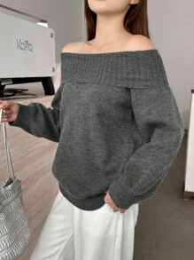 SHEIN Teen Girls Sweaters Casual Off Shoulder Girl Solid Color Long Sleeve Sweater,Off The Shoulder Sweater,Grey Sweater,Fall Sweaters,Fall Girl Sweaters,Girl Sweaters,Fall Sweaters,Fall Outfit,Outgoing,Off Shoulder Top Gray Top Winter