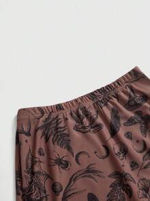 ROMWE Fairycore 女士暗黑哥特风蝙蝠、骷髅、月亮、南瓜印花A字朋克半身裙 - 棕色 - 查看 3