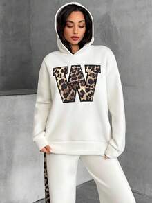 EURMUSE Women Leopard Detailed Sweat And Sweatpant Two Pieces Set - White - View 5