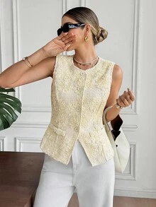SHEIN Frenchy Women's Bright Yellow Summer Elegant Tea Party Round Neck 3D Floral Single-Breasted Vest Jacket,European Retro Heavy Industry Chic Autumn Business - Apricot - View 4