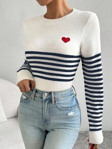 Chiquease Sweter w paski z haftowanym sercem i długim rękawem - Granatowy - Zobacz 4