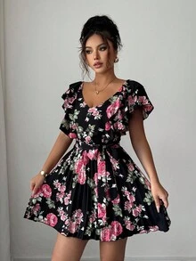 Elenzga Váy dài thướt tha cổ chữ V, eo cao, họa tiết hoa dáng chữ A, thanh lịch, lãng mạn dành cho nữ - Nhiều màu - Xem 4