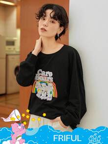 FRIFUL SHEIN X Care Bears 女式宽松休闲街头风格字母与卡通图案圆领套头 T 恤长袖上衣 - 黑色 - 查看 11