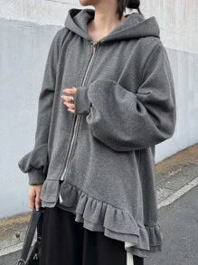 FRIFUL 女式宽松下摆荷叶边拼接厚款保暖内衬纯色休闲连帽衫运动衫夹克秋冬拉链 - 灰色 - 查看 7