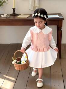 Young Girls' Pullover Knit Sweater Vest,Pink,Party,Elegant Lady Style Twist Rope & Ruffle Hem Design,Versatile For Daily Wear,Home,Outdoor,Fall Winter - Pink - View 8