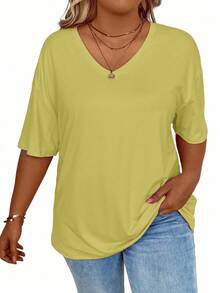 EMERY ROSE Plus Size Women V-Neck Dropped Shoulder Casual Loose Solid Color T-Shirt - Mustard Yellow - View 4