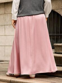 Elenzga Plus Size Elegant Satin Silk Shiny Texture Skirt - Baby Pink - View 2