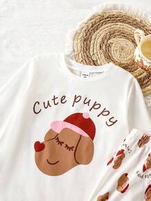 2pcs/Set Young Girl' Casual Cute Puppy Graphic Long Sleeve Top And Pants Pajama Set, Spring/Autumn Fall Winter - White - View 5