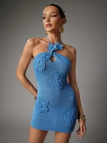 Hauture Women's Solid Color 3D Floral Decor Hollow-Out Halter Slim Knitted Dress - Blue - View 4