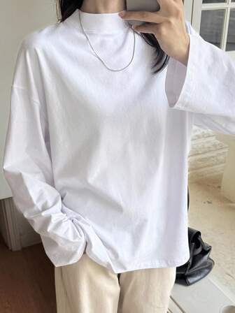 DAZY Damen Lose Business Lässig Einfarbiges Langarm T-Shirt, Herbst/Winter