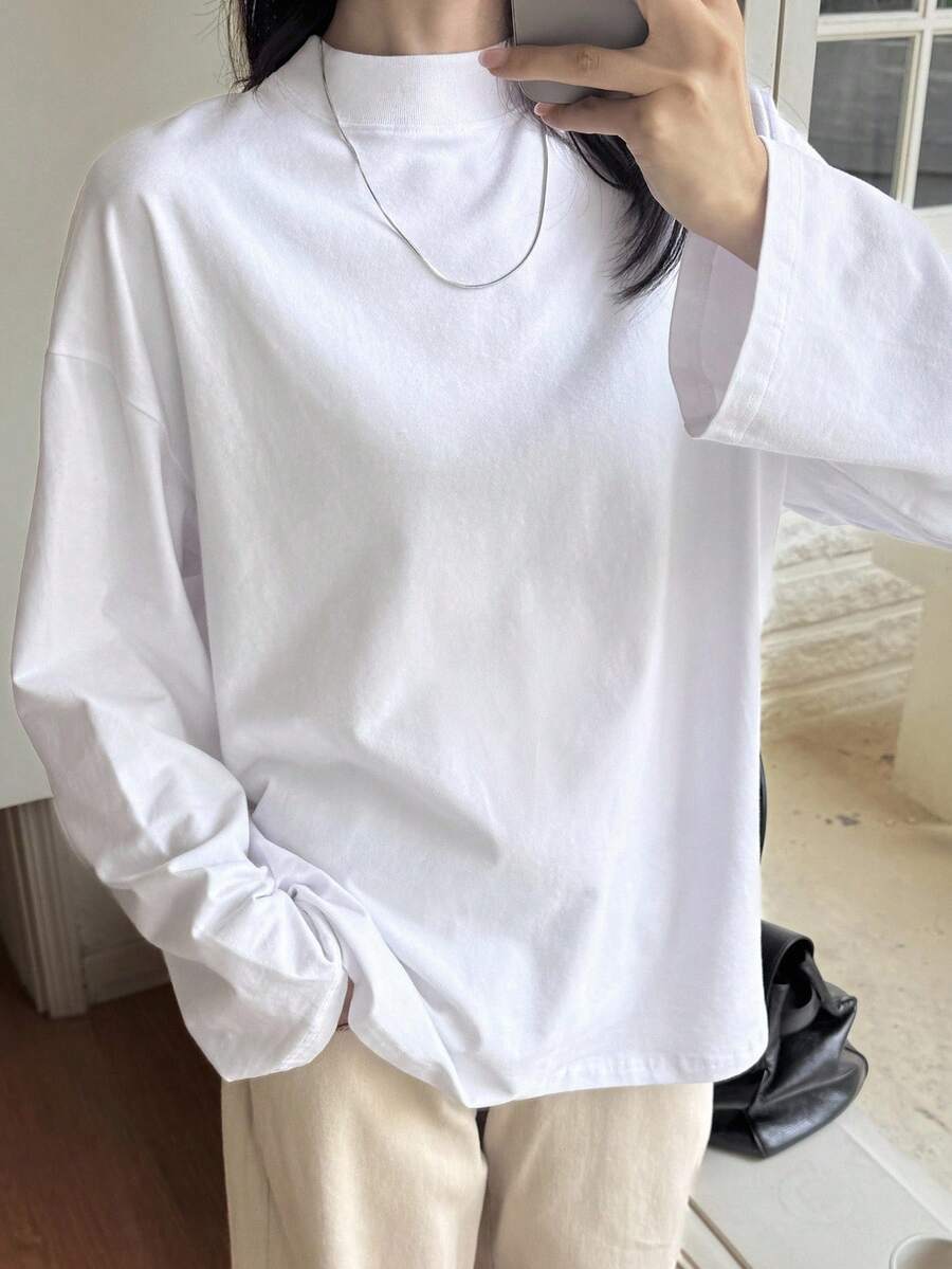 DAZY 女士宽松商务休闲基本款纯色长袖T恤，秋冬 - 白色 - 查看 1