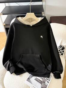 SHEIN 少女黑色刺绣装饰休闲宽松保暖加厚卫衣，适合秋冬季节，休闲居家皆宜。毛绒黑色卫衣，少女卫衣，可爱卫衣，黑色羊羔绒卫衣，羊羔绒内衬卫衣，毛绒卫衣，冬季卫衣，秋季卫衣 - 黑色 - 查看 3