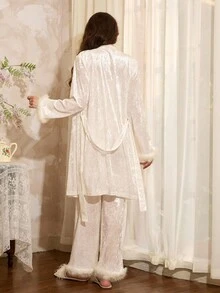 Côtesoire French Elegant Solid Color Velvet Patchwork Fringed Elegant French Luxurious Royal, Autumn/Winter Velvet 3 Pieces Pajama Sleepwear Set , Fall Clothes - White - View 2