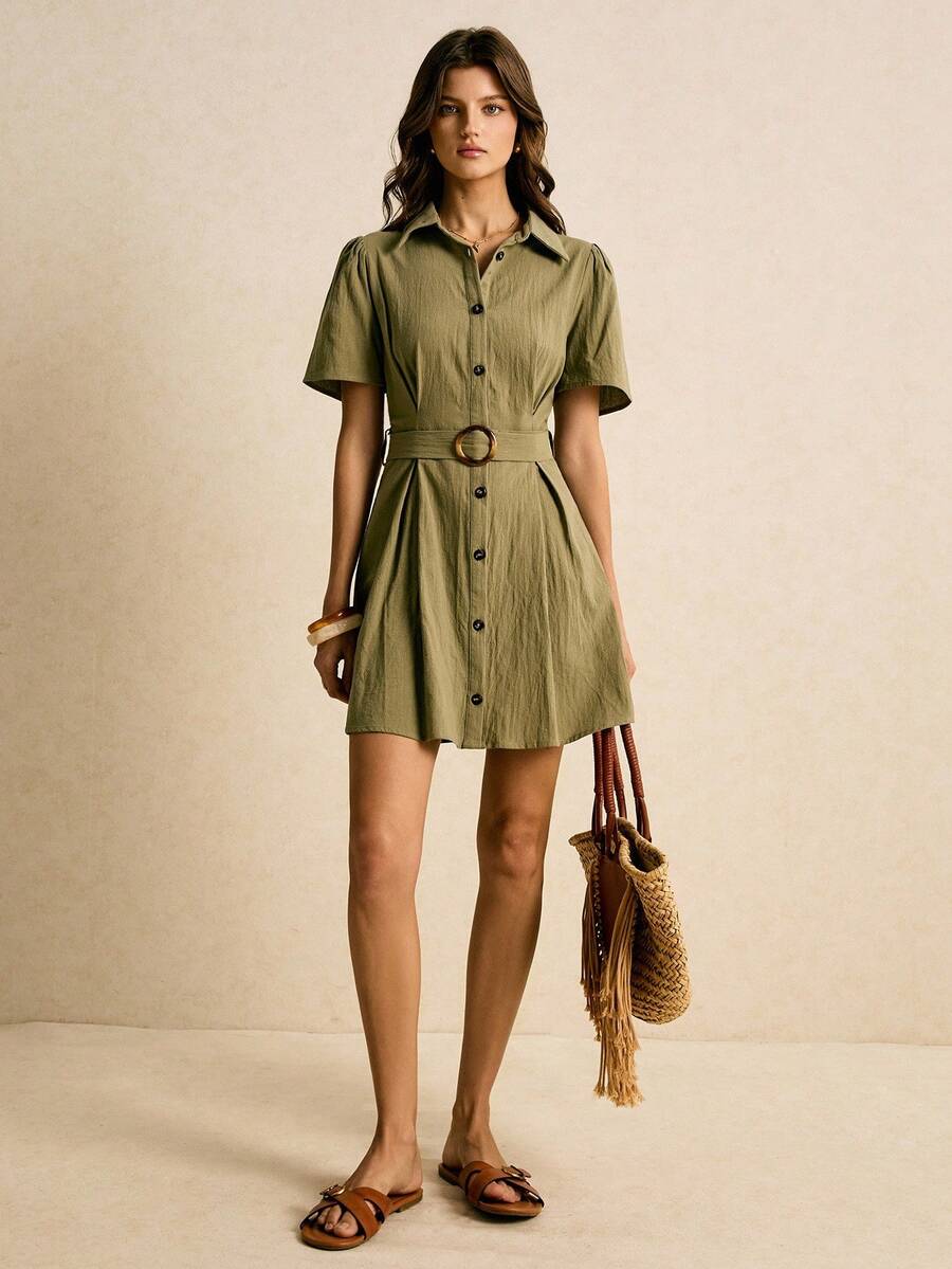 Poéselle Váy sơ mi thường ngày đơn hàng khuy ngắn tay màu trơn dành cho nữ - xanh quân đội - Xem 1