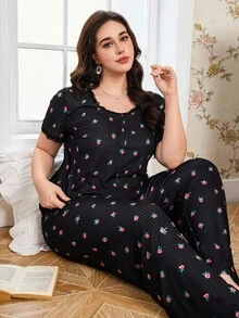 Elorette CottageSlumber Romantic Floral Lace Trim Soft & Breathable Printed Loungewear Set, Plus Size - Multicolor - View 6
