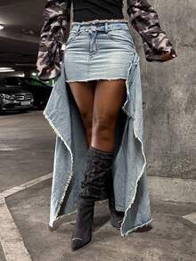 StreetHx Low Waist Frayed Hem Long & Short Denim Skirt - Medium Wash - View 7