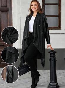 EMERY ROSE Plus Size Fashionable Commuter Asymmetric Hem Jacket, Casual Minimalist Style For Everyday Wear,Going Out, Suitable For Autumn And Winter Fall - Black - View 6
