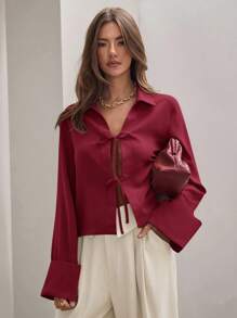 COSMINA 女式纯色卡其色前系带长袖简约商务休闲工作衬衫、秋季休闲日常装、长袖上衣 - 酒紅色 - 查看 7