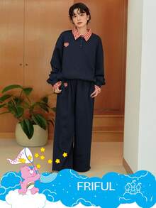 SHEIN X Care Bears FRIFUL 2件套女士格子拼接宽松加厚二合一卫衣和阔腿裤套装