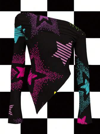 Shutterstock Women's Y2K Baddie Colorful Striped, Polka Dot, Star Print Casual Short Sleeve T-Shirt Graphic Tees Women Graphic Tops Star Print Top Shirts Graphic