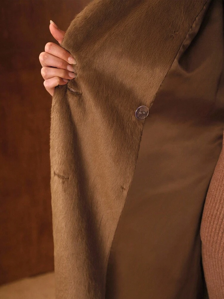 더블 브레스티드 벨트 인조 모피 코트