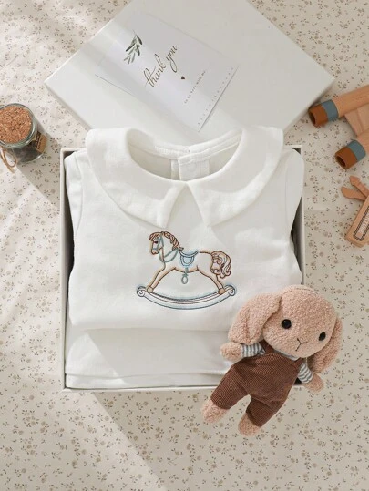 Souflis Souflis Autumn/Winter Baby/Baby Boy2-Piece Set, Double-Sided Fleece Soft Fabric, Collar Embroidered Horse T-Shirt + Pants, Casual Minimalist Everyday Wear Fall
