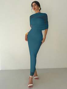 Firerie 优雅浪漫的黄色纯色荷叶边领口不对称褶皱腰身修身连衣裙，女士沙滩装、机场装、度假装、教师装 - 水鴨藍 - 查看 4