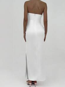 Aloruh 女士纯色垂褶开衩超长抹胸连衣裙 - 白色 - 查看 2