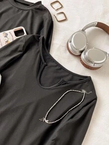 قميص تي شيرت أكمام طويلة لون أحادي بتصميم بسيط للمراهقات، للارتداء اليومي العادي