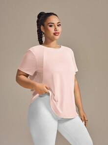 SHEIN Rhythm Era 女式纯色圆领短袖休闲健身运动T恤加大码运动上衣加大码运动T恤女式超大码运动上衣女式宽松运动上衣女式加大码健身房T恤女式运动T恤 - 淺粉色 - 查看 3