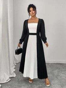 Elenzga Plus Size Elegant Commuter Color Block Pleated Dress Fall Cloth For Women - Black and White - View 4